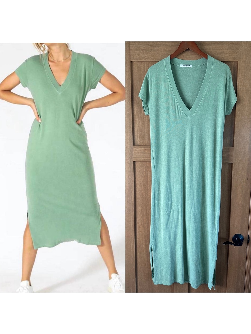 Perfectwhitetee Abbey V-Neck T Shirt Midi Dress in Jade Green Women’s Medium